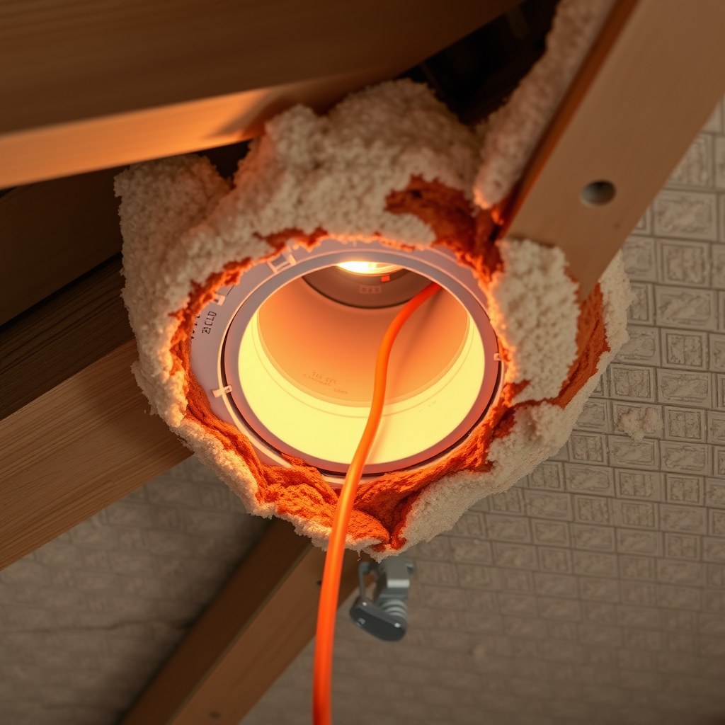 Sealed can-light fixture and top-plate penetrations in an attic, showing air sealing completed before new insulation is installed