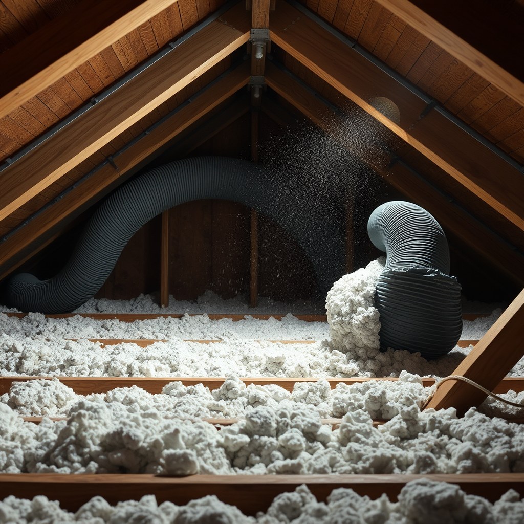 Insulation blowing hose discharging loose-fill material into an open attic space