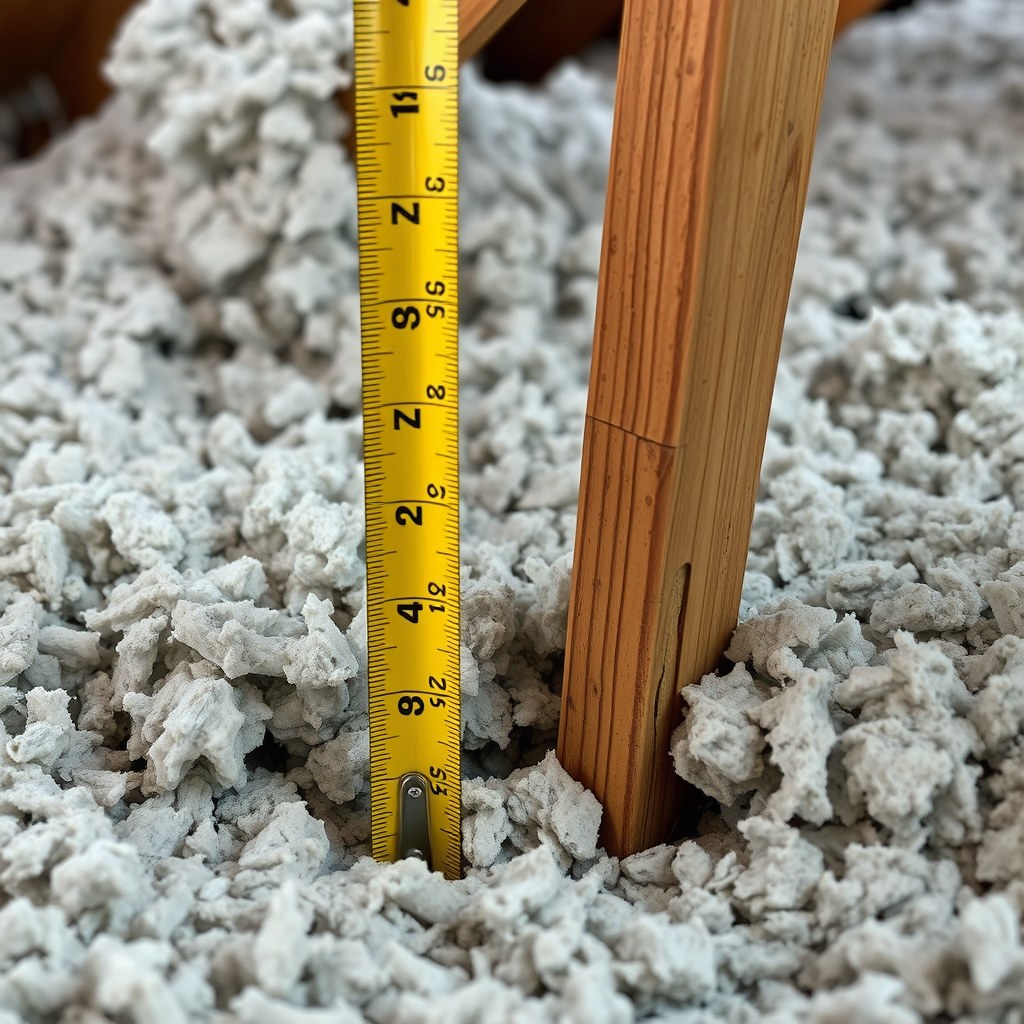 Tape measure showing the depth of existing attic insulation beside a wood joist
