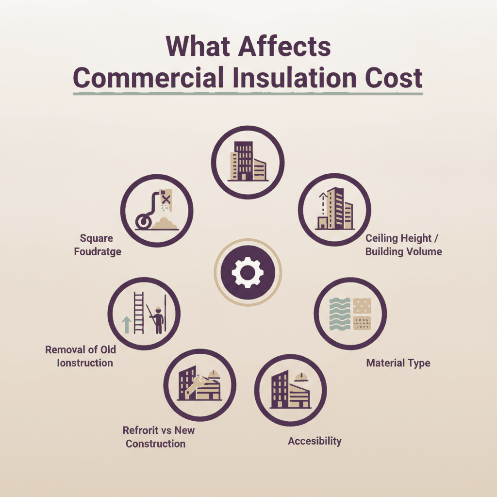 Icon infographic of factors that affect commercial insulation cost including square footage, ceiling height, material type, accessibility, and retrofit versus new construction
