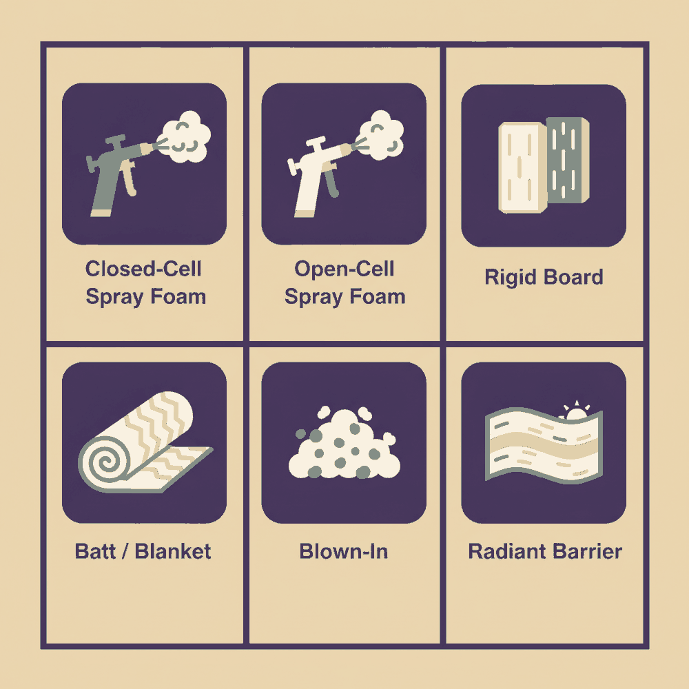 Icon grid illustrating six commercial insulation types: closed-cell spray foam, open-cell spray foam, rigid board, batt and blanket, blown-in, and radiant barrier