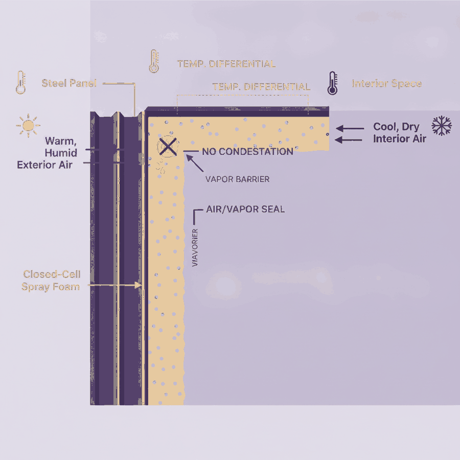 Cross-section diagram of a metal commercial building wall showing closed-cell spray foam applied against steel to prevent condensation and building sweat
