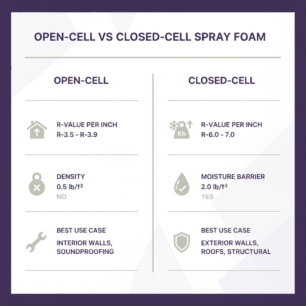 Comparison infographic of open-cell versus closed-cell spray foam insulation showing R-value per inch, density, moisture barrier rating, and best use cases
