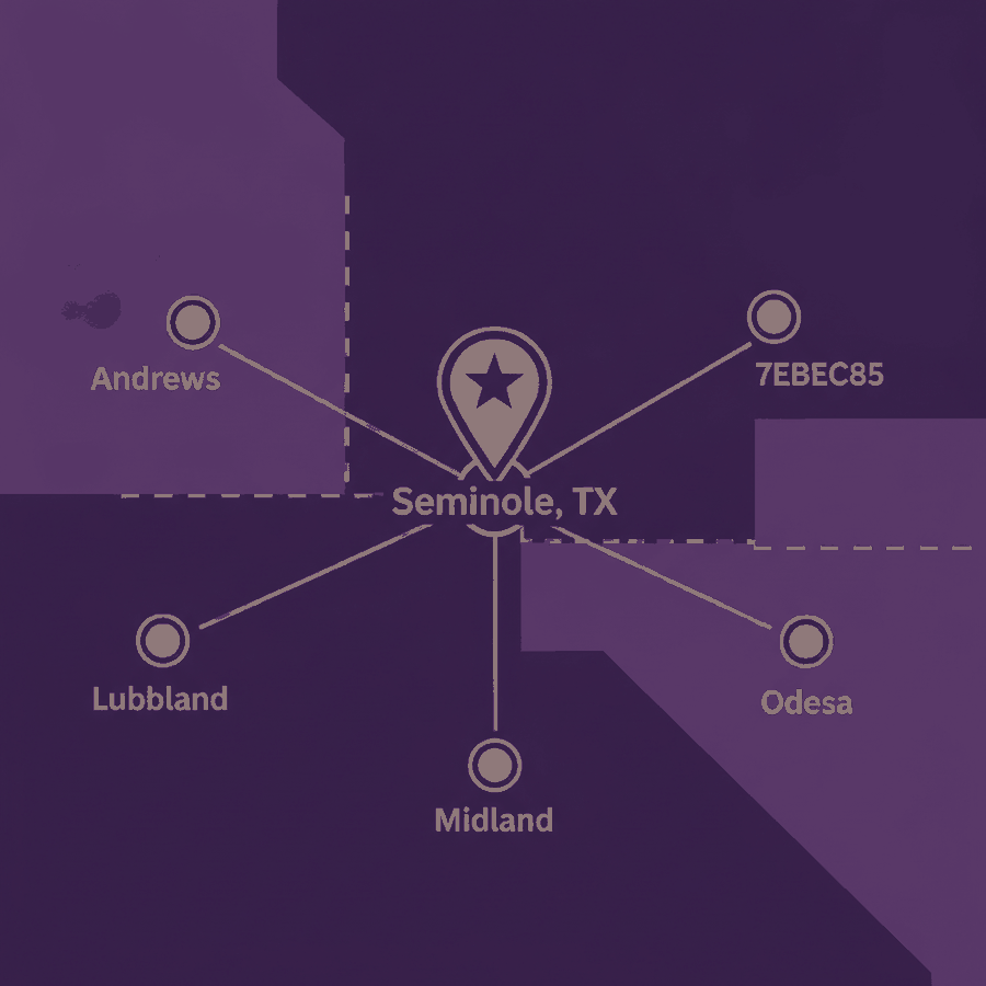 Stylized service area map showing Desert Spray Foaming's home base in Seminole, Texas, and surrounding coverage in Andrews, Lubbock, Midland, and Odessa