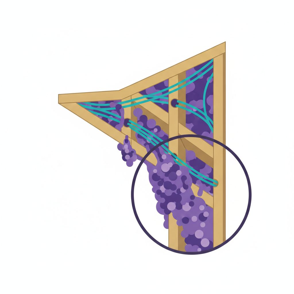 Close-up illustration of spray foam expanding to seal gaps around wiring and framing