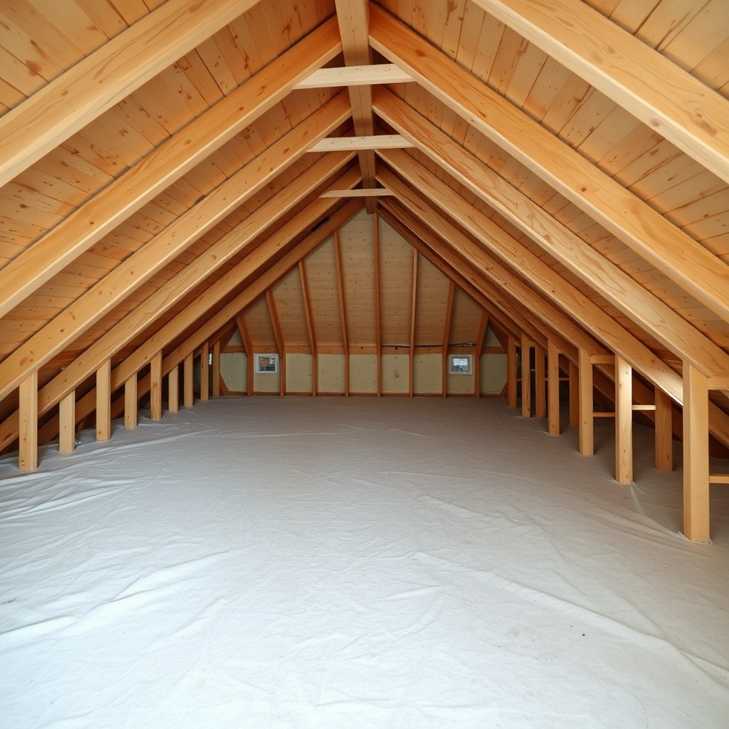 Attic stripped down to bare joists and roof deck after professional insulation removal, ready for air sealing