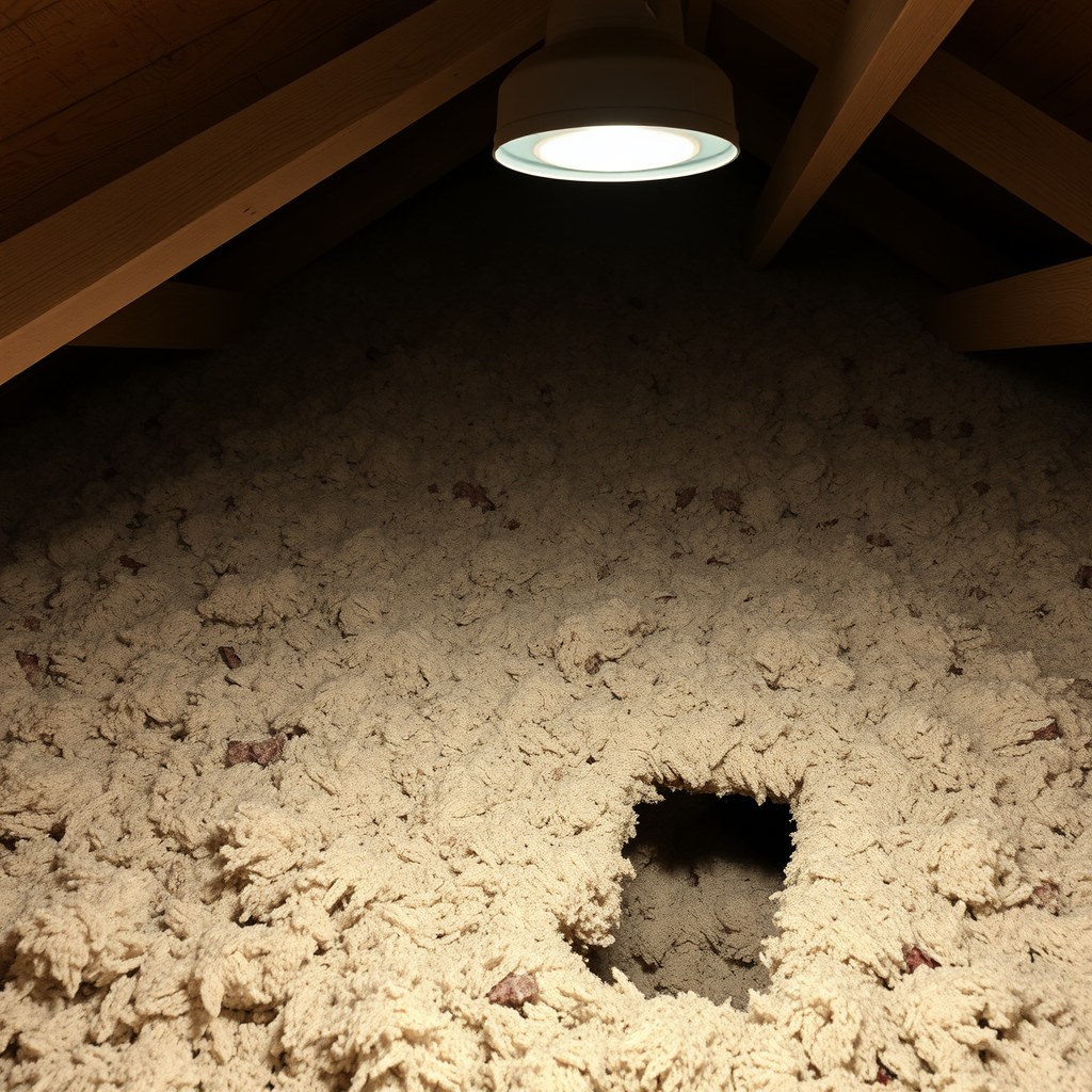 Dingy, degraded attic insulation with a visible rodent burrow channel running through it