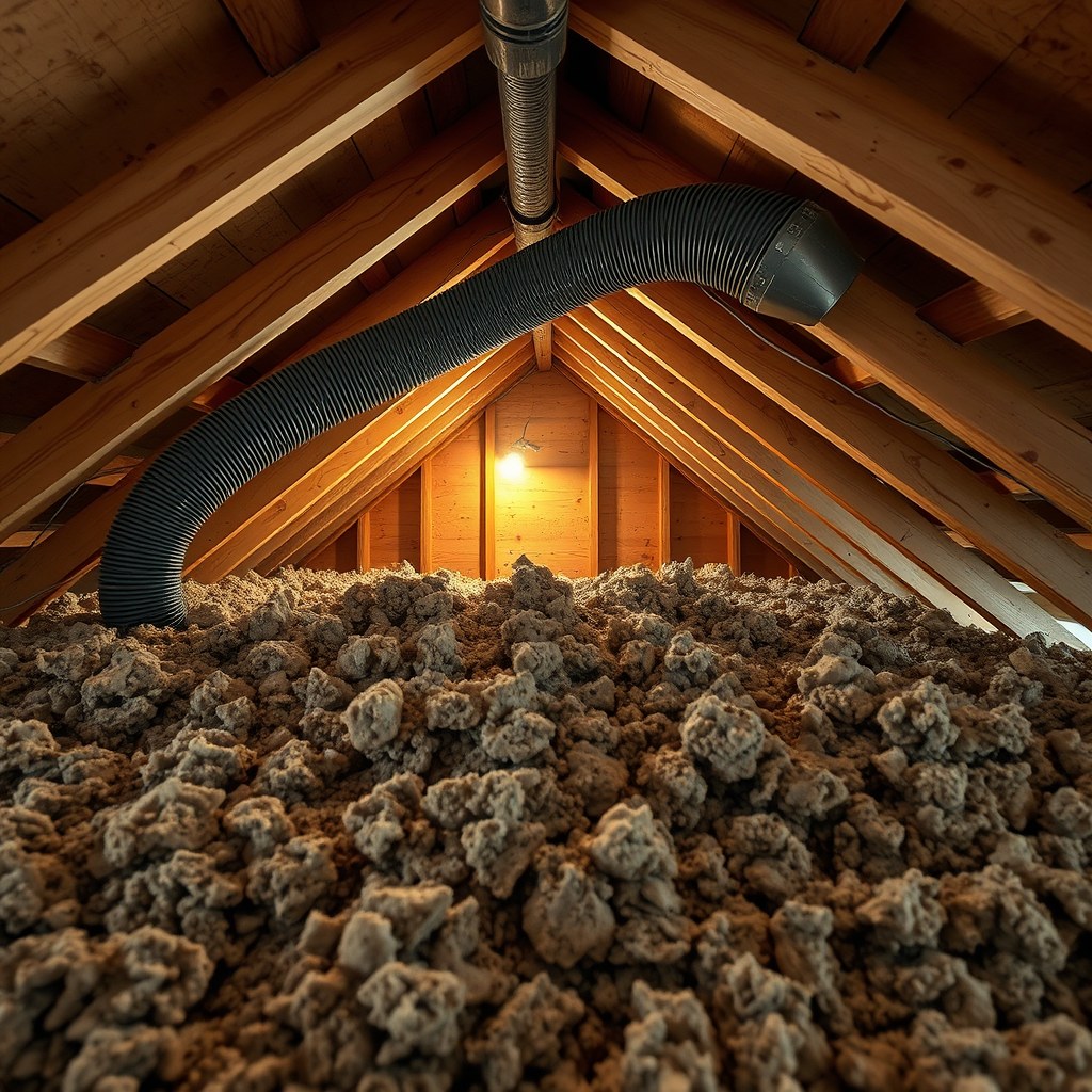 HEPA vacuum hose pulling old insulation out of an attic during a professional removal job