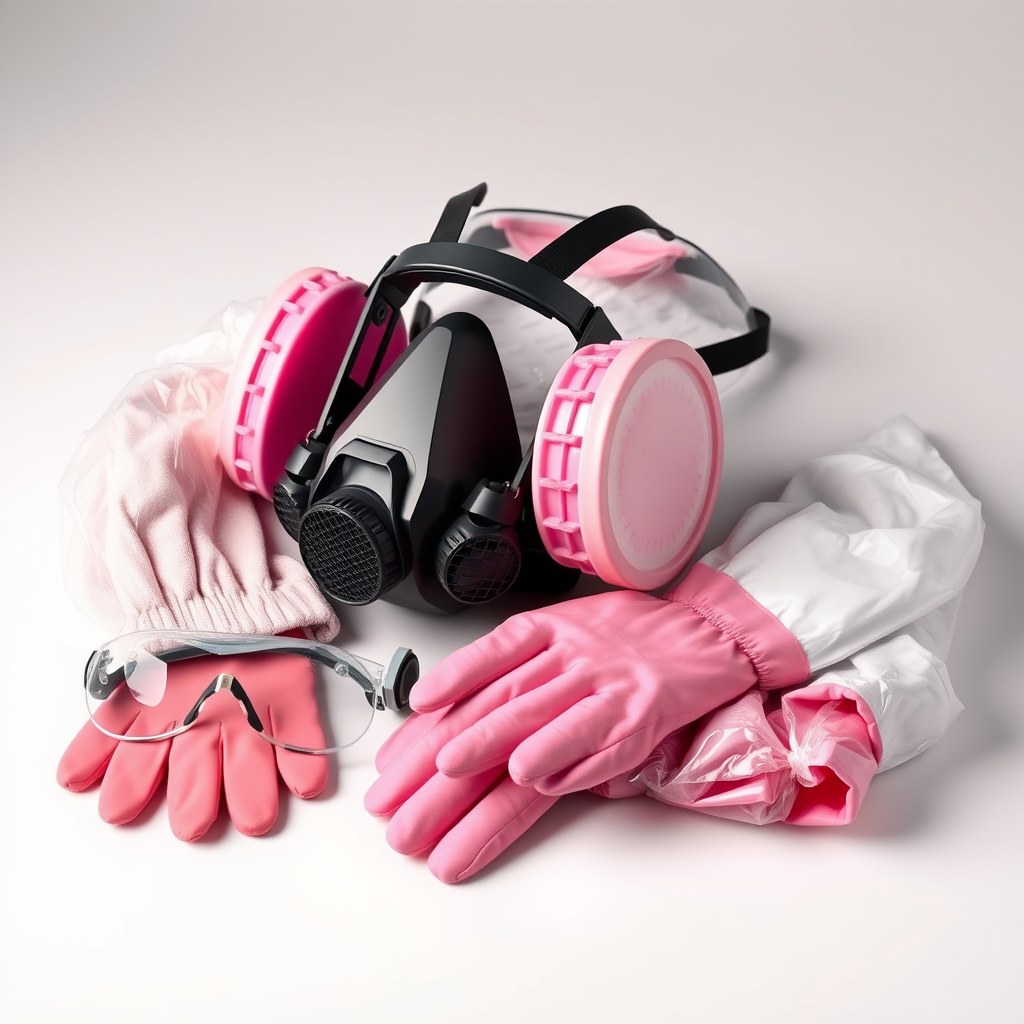 Full respiratory protection, coveralls, goggles, and sealed disposal bags staged for a contaminated insulation removal job