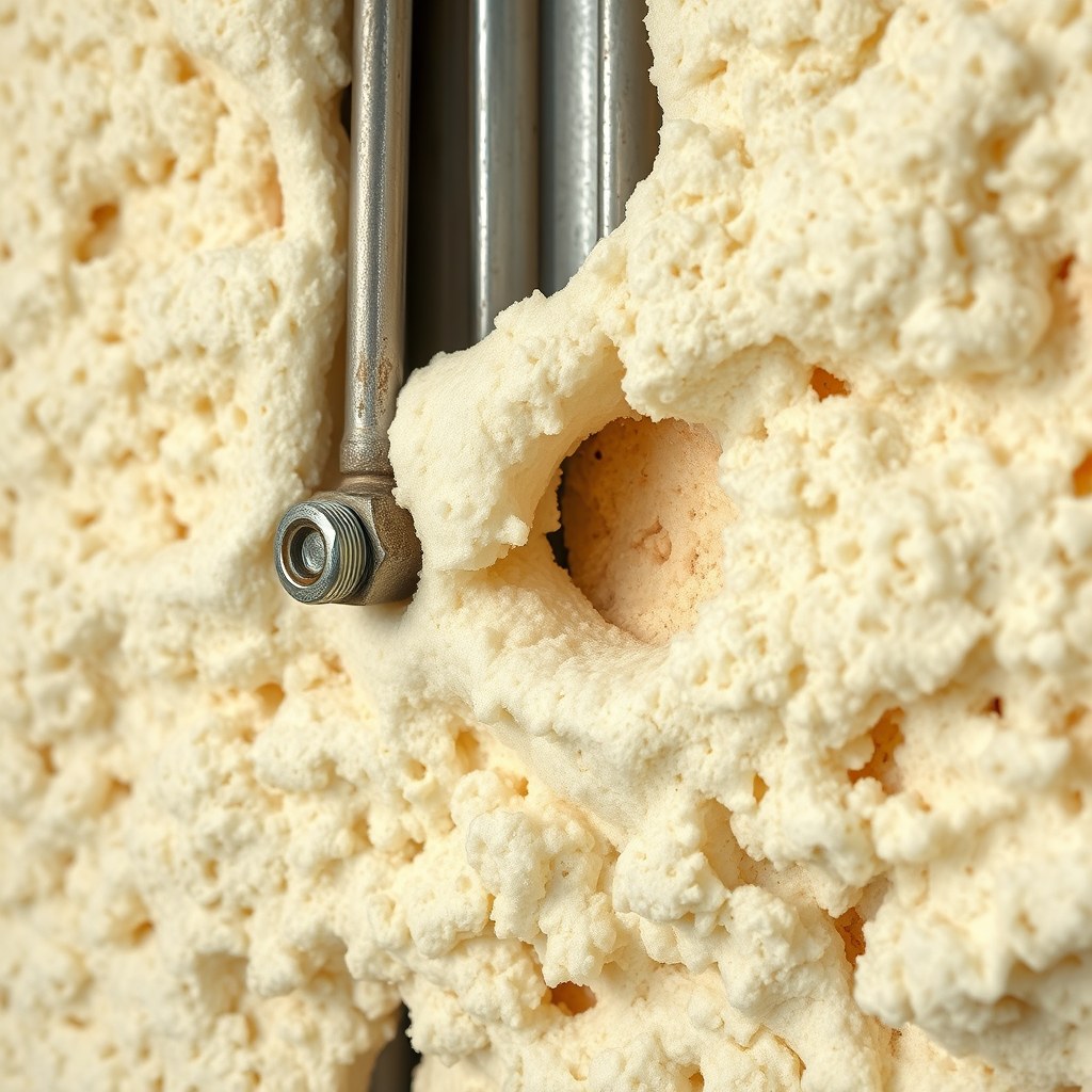 Close-up of closed-cell spray polyurethane foam applied around steel purlins and fasteners inside a metal building