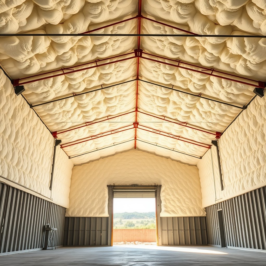 Interior of a West Texas metal building with closed-cell spray foam insulation applied to the roof deck and walls