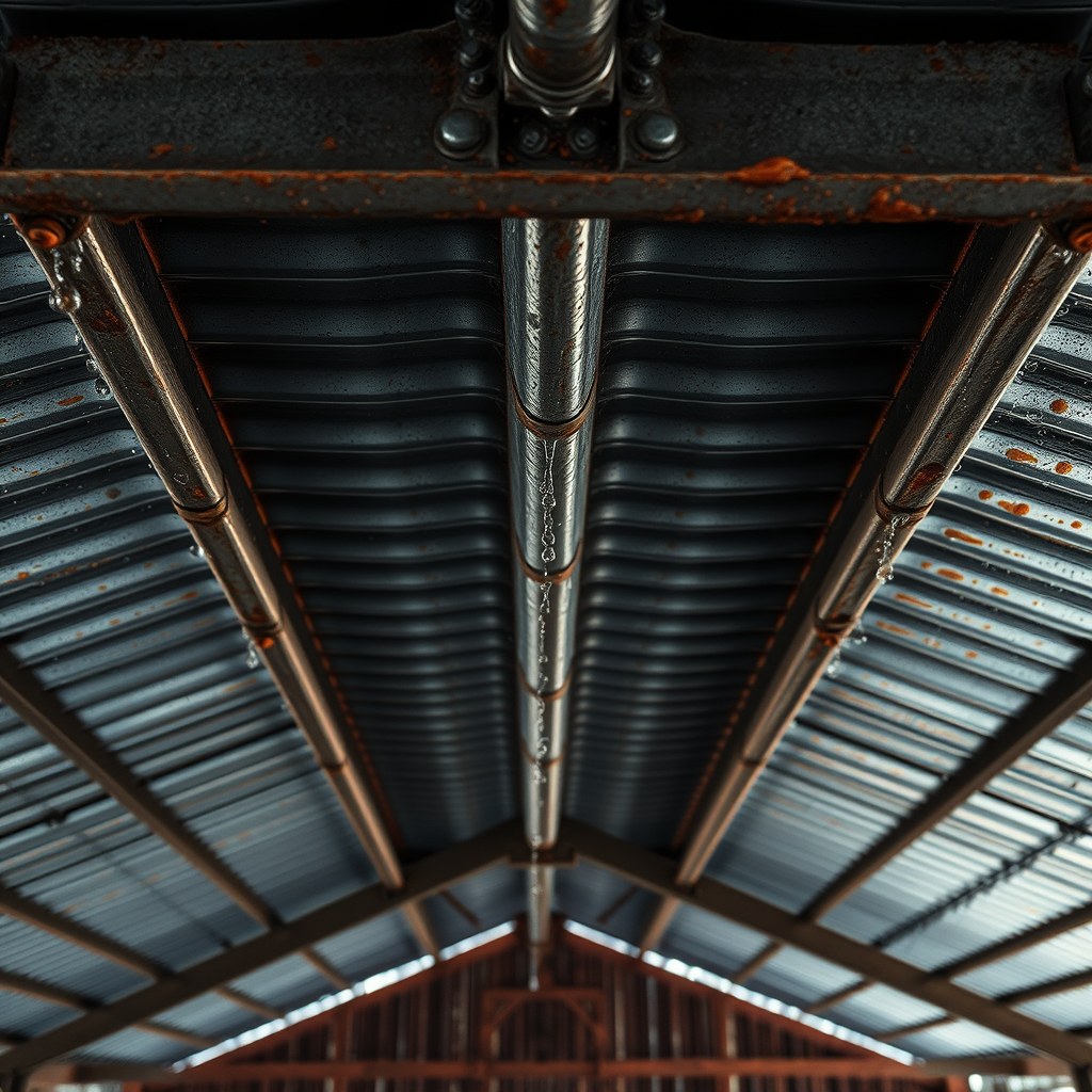 Condensation dripping off the underside of a bare metal roof panel with visible rust staining at fastener points