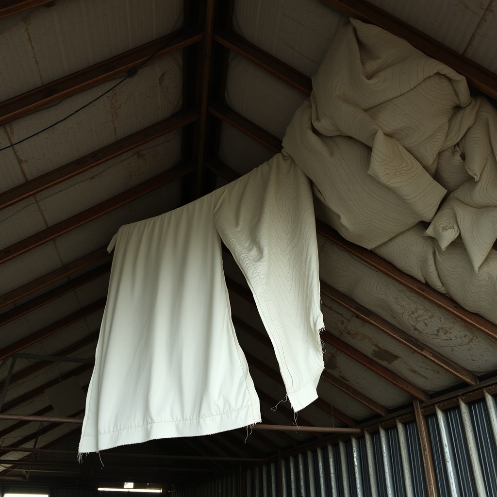 Sagging, failed vinyl-faced fiberglass blanket insulation pulling away from metal roof purlins inside a pole barn