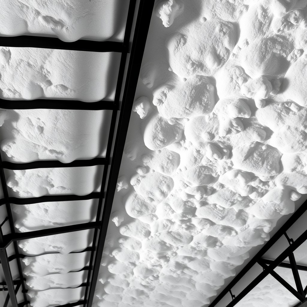White intumescent thermal barrier coating applied over closed-cell spray foam insulation on a metal building interior