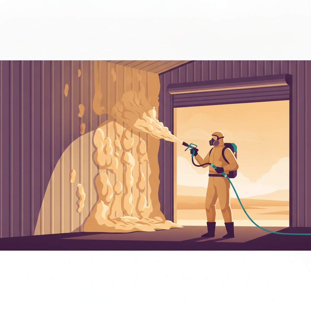 Spray foam insulation being applied to the interior wall of a metal building in West Texas