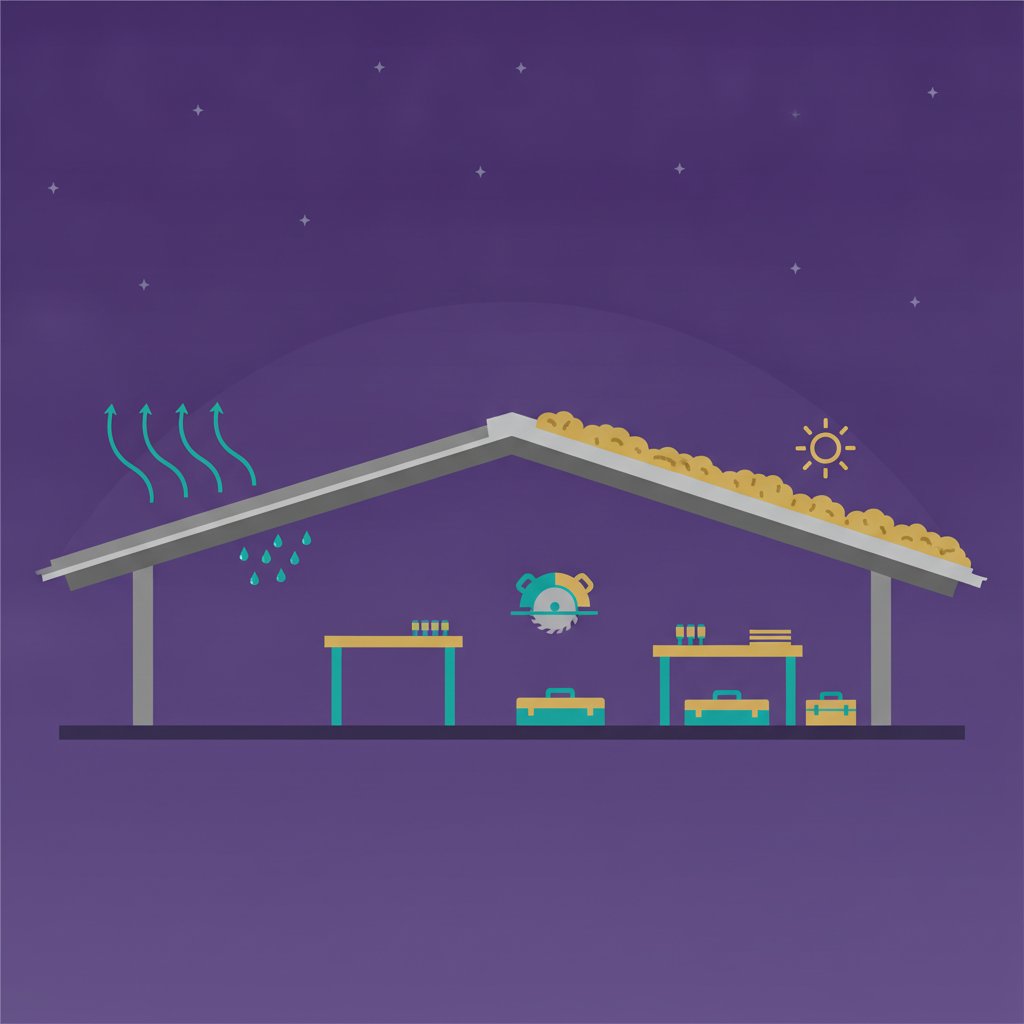 Cross-section diagram showing cold desert night sky causing radiative cooling of a metal building's steel skin, with interior humidity condensing on the cold metal, and closed-cell spray foam stopping the condensation