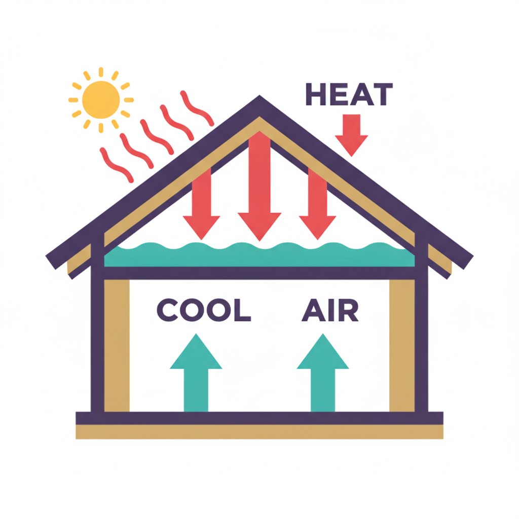 Diagram of a house roof and attic cross-section showing heat arrows moving from the sun through the roof into the attic, and cool air rising from the living space below