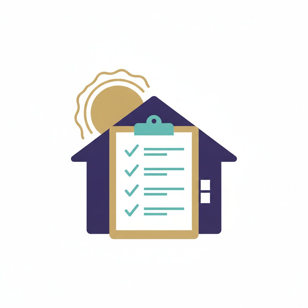 Illustration of a home inspection checklist clipboard with a sun overhead, representing a pre-summer home inspection