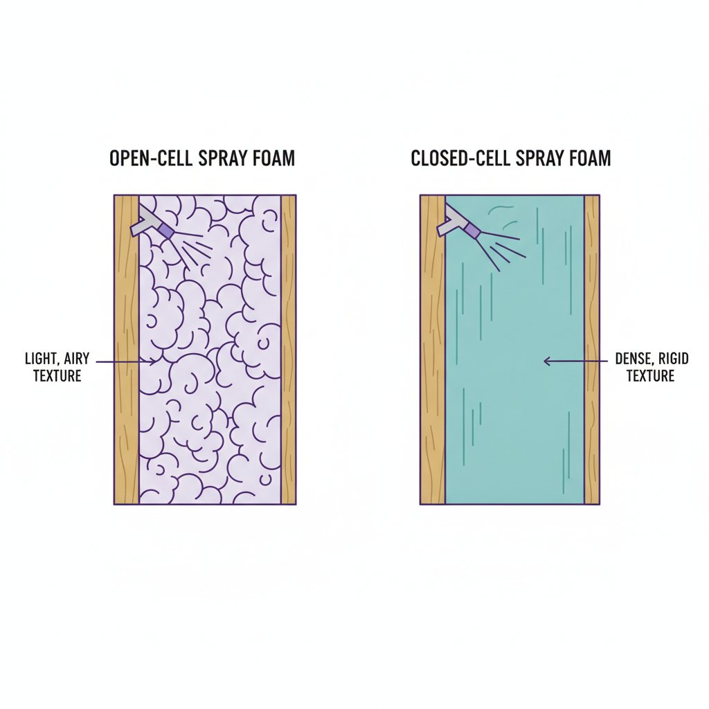 Side-by-side comparison illustration of open-cell spray foam's light airy texture versus closed-cell spray foam's dense rigid texture inside a wall cavity