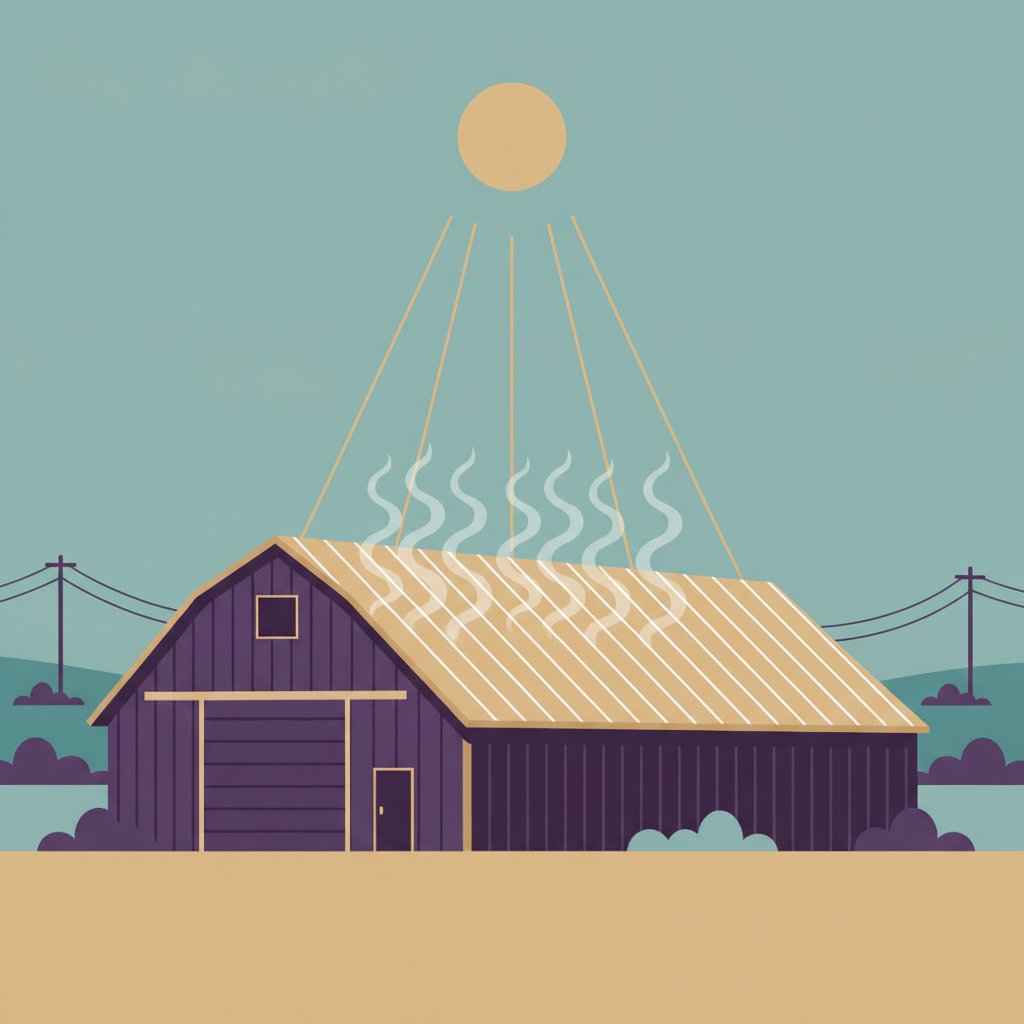 Illustration of a metal pole barn under intense sun with heat waves rising off the roof in a rural West Texas landscape