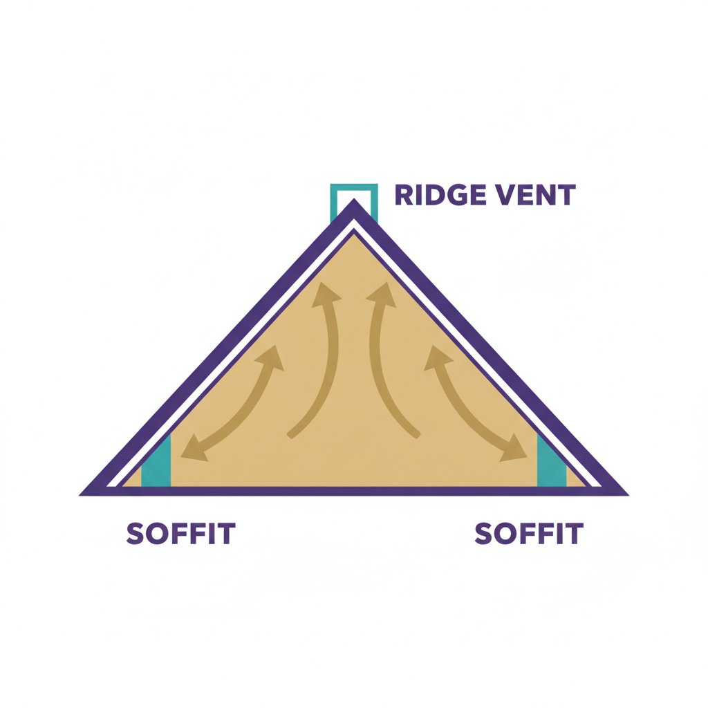 Diagram of a balanced attic ventilation system showing air entering through soffit vents and exiting through a ridge vent at the roof peak