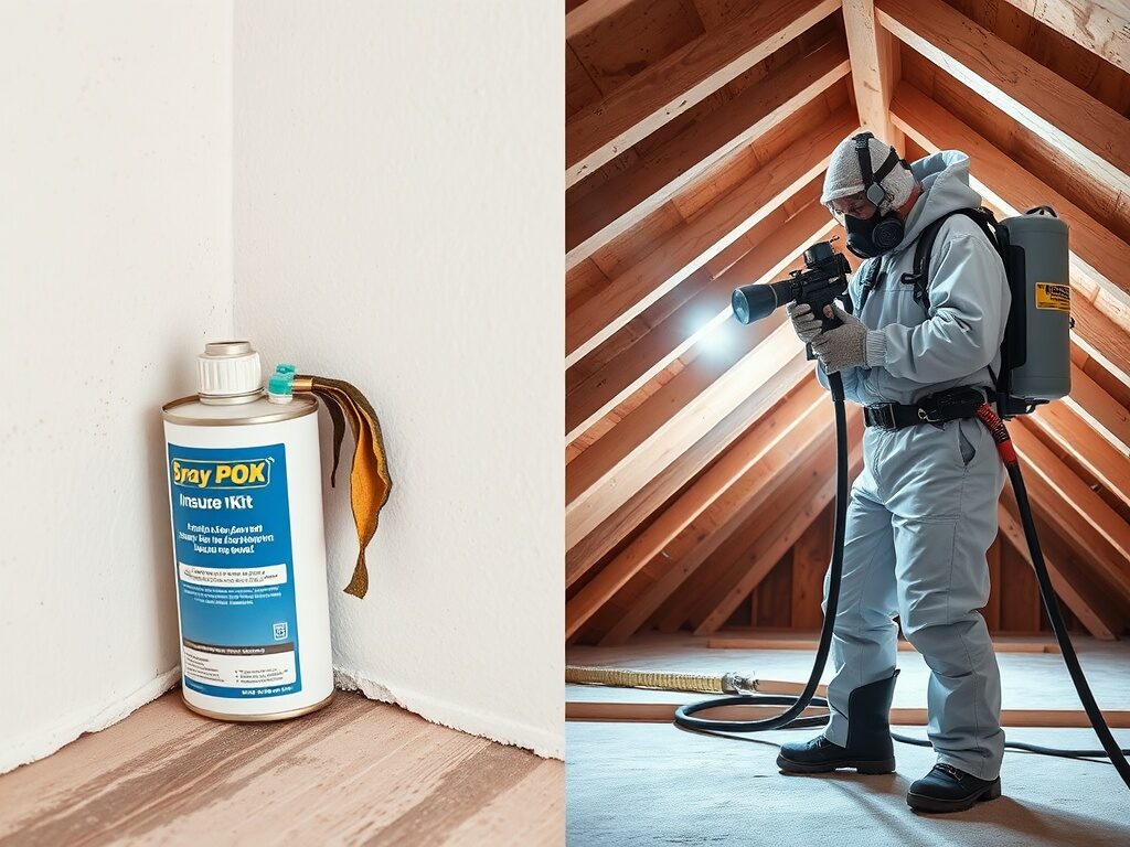 Comparison of a small DIY spray foam kit versus a professional contractor spray rig in an attic