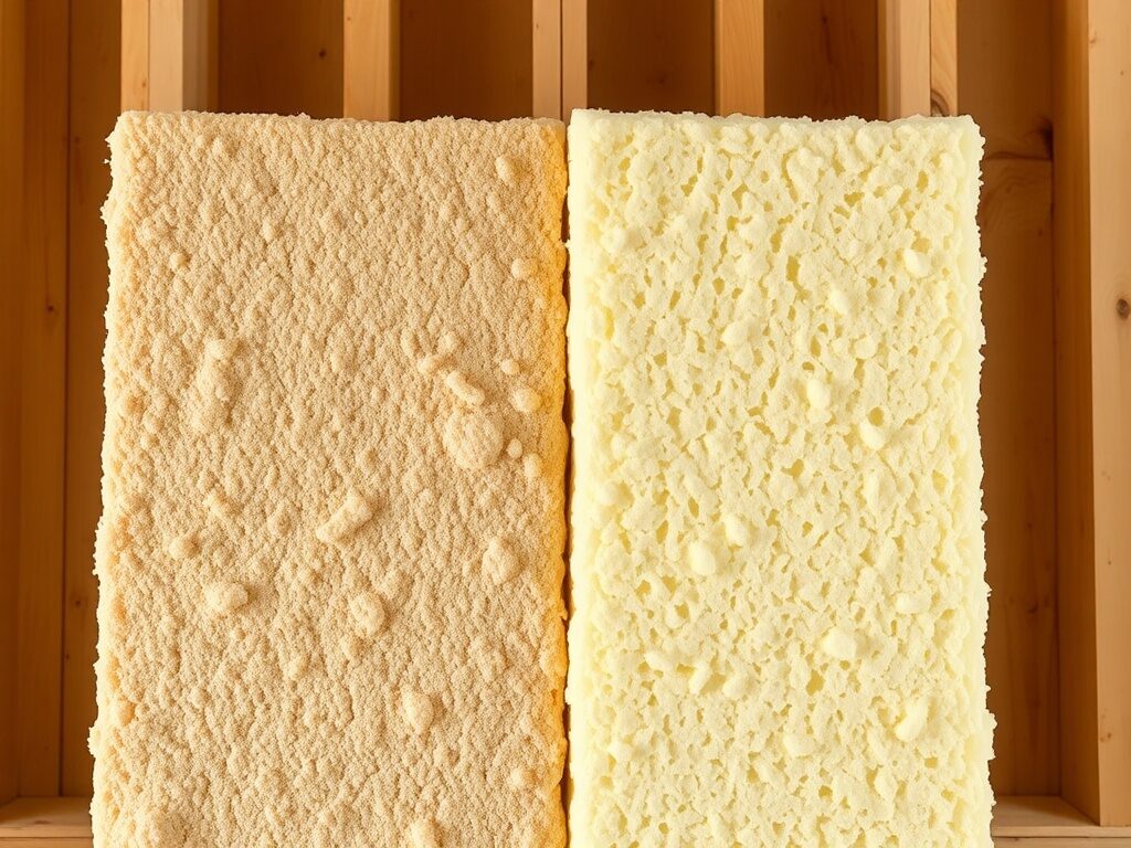 Side-by-side comparison of open-cell and closed-cell spray foam insulation material