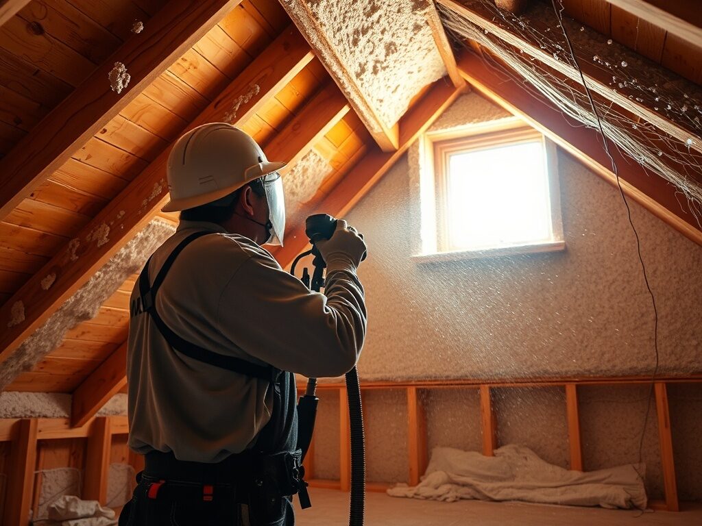 Spray foam applicator working in a West Texas attic with visible roof rafters and daylight