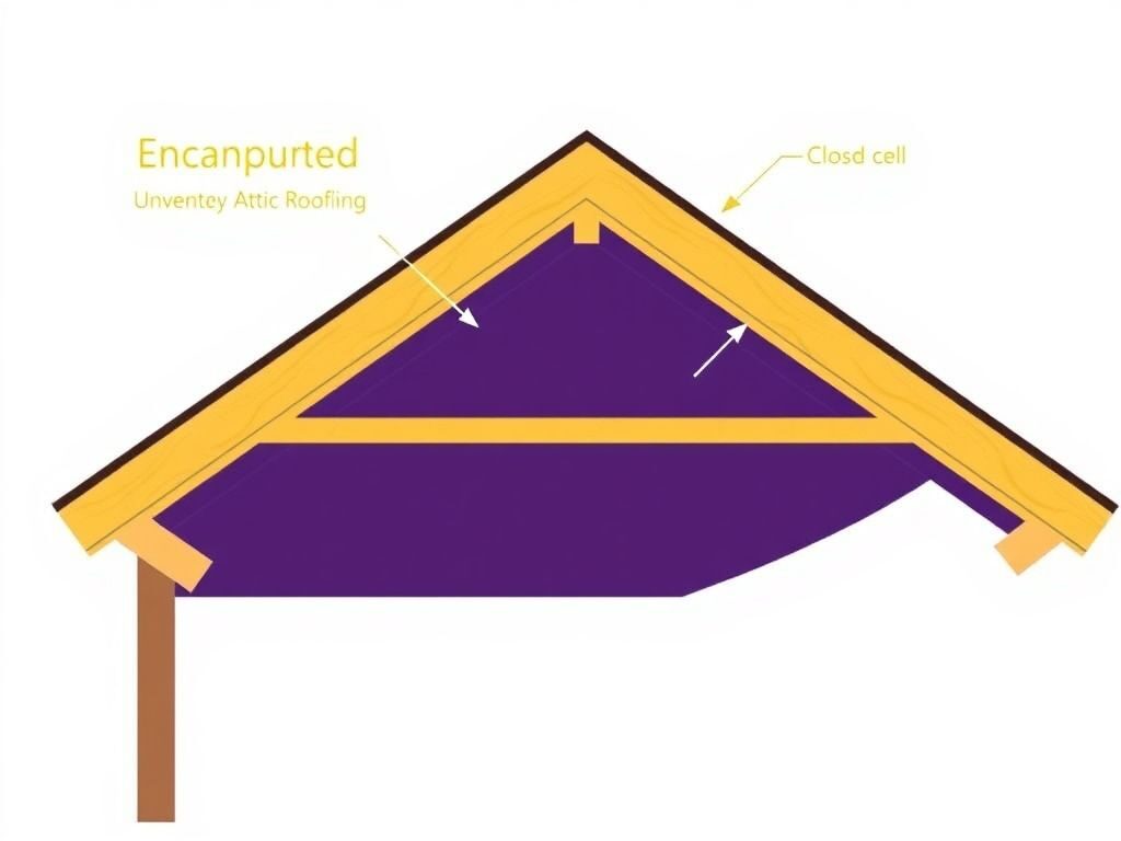 Technical cutaway diagram of an encapsulated unvented attic roofline with closed-cell spray foam applied to the underside of the roof deck