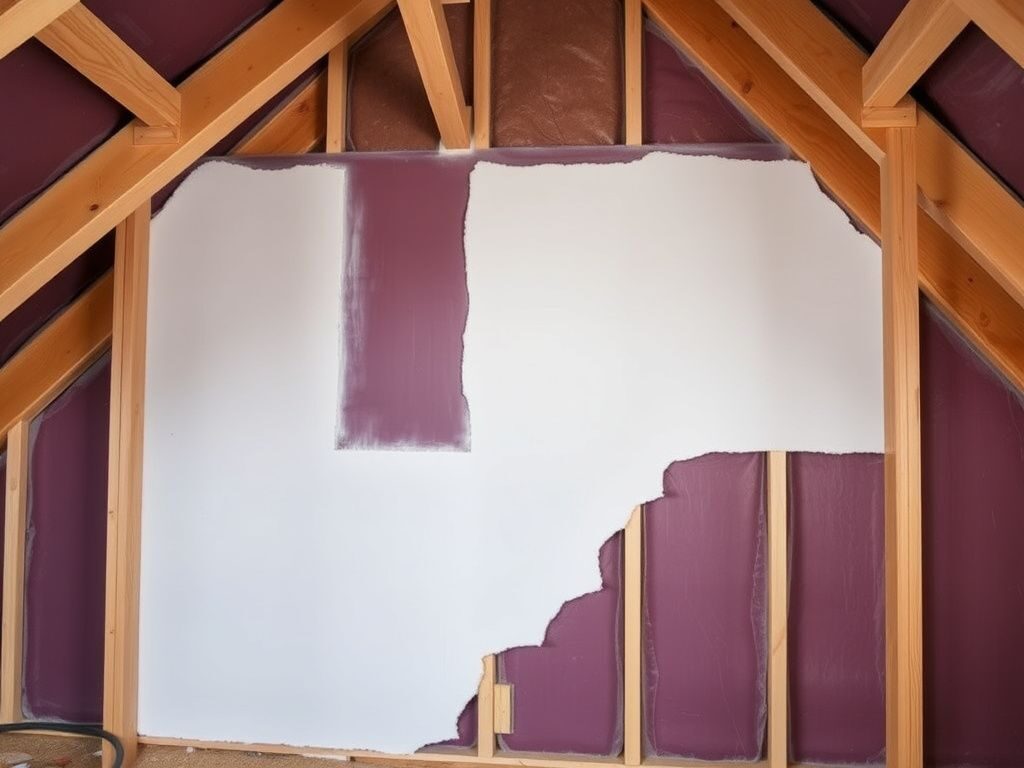 Drywall thermal barrier being installed over spray foam insulation in an attic wall, showing code-compliant fire protection layering