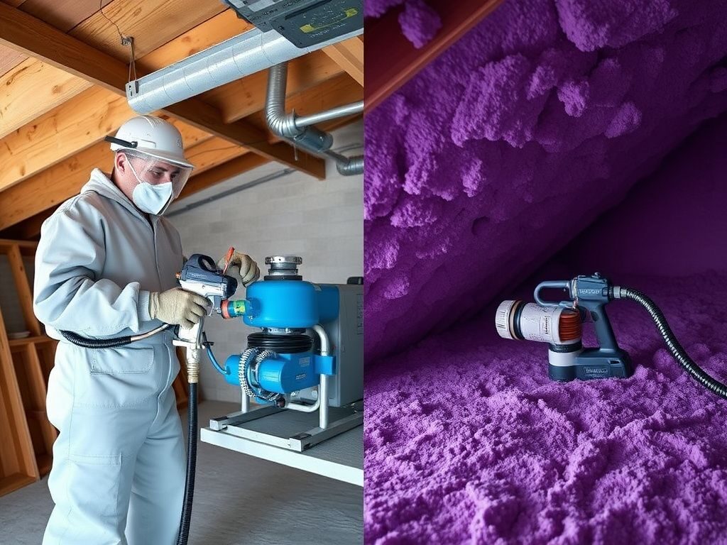 Side-by-side comparison of a certified professional installer with calibrated spray rig versus a rough handheld DIY spray foam kit setup