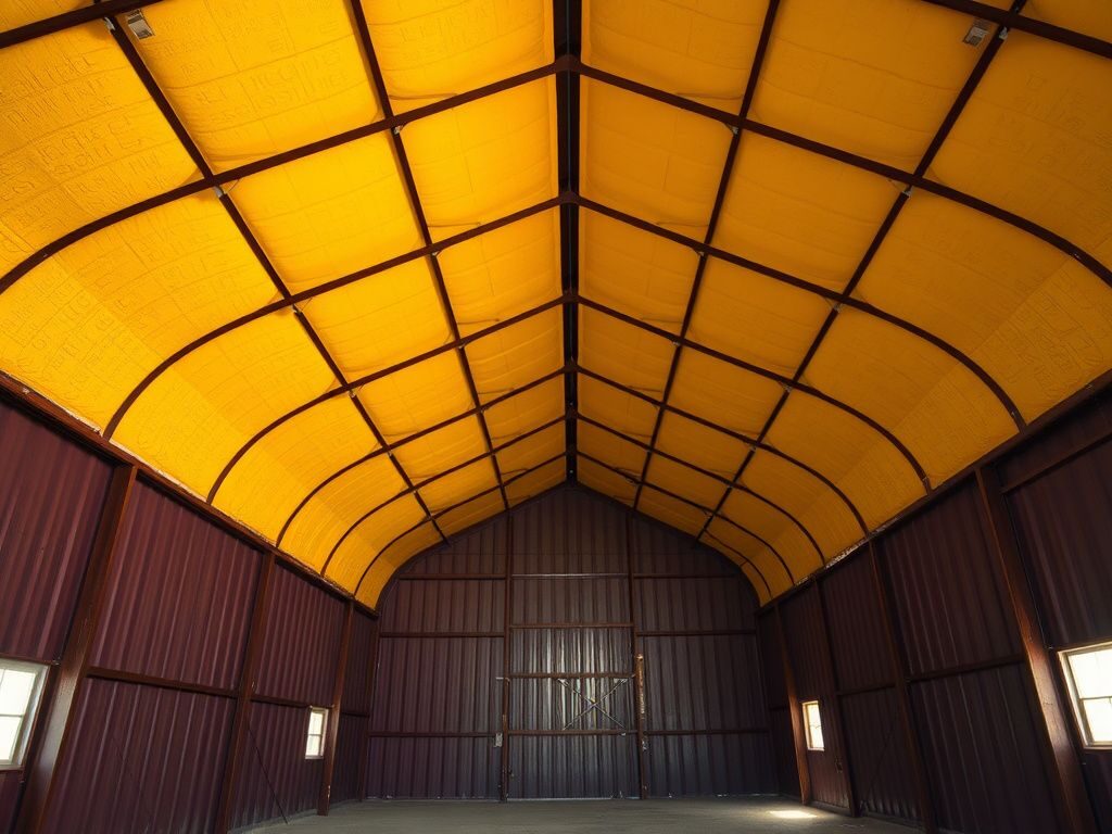 Interior of a West Texas metal pole barn with closed-cell spray foam insulation applied cleanly to the walls and ceiling