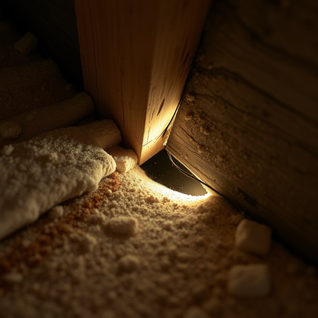 Gap at an attic top plate where dusty outside air leaks past fiberglass insulation, with West Texas dust and grit visibly accumulated along the air path
