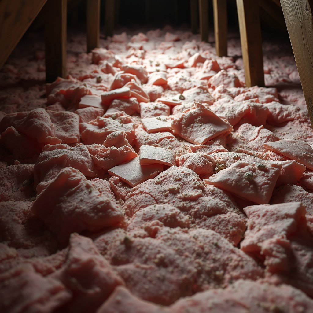 Aging pink fiberglass batt insulation in an attic floor lying unevenly with visible gaps between batts, compressed areas, and settled dust