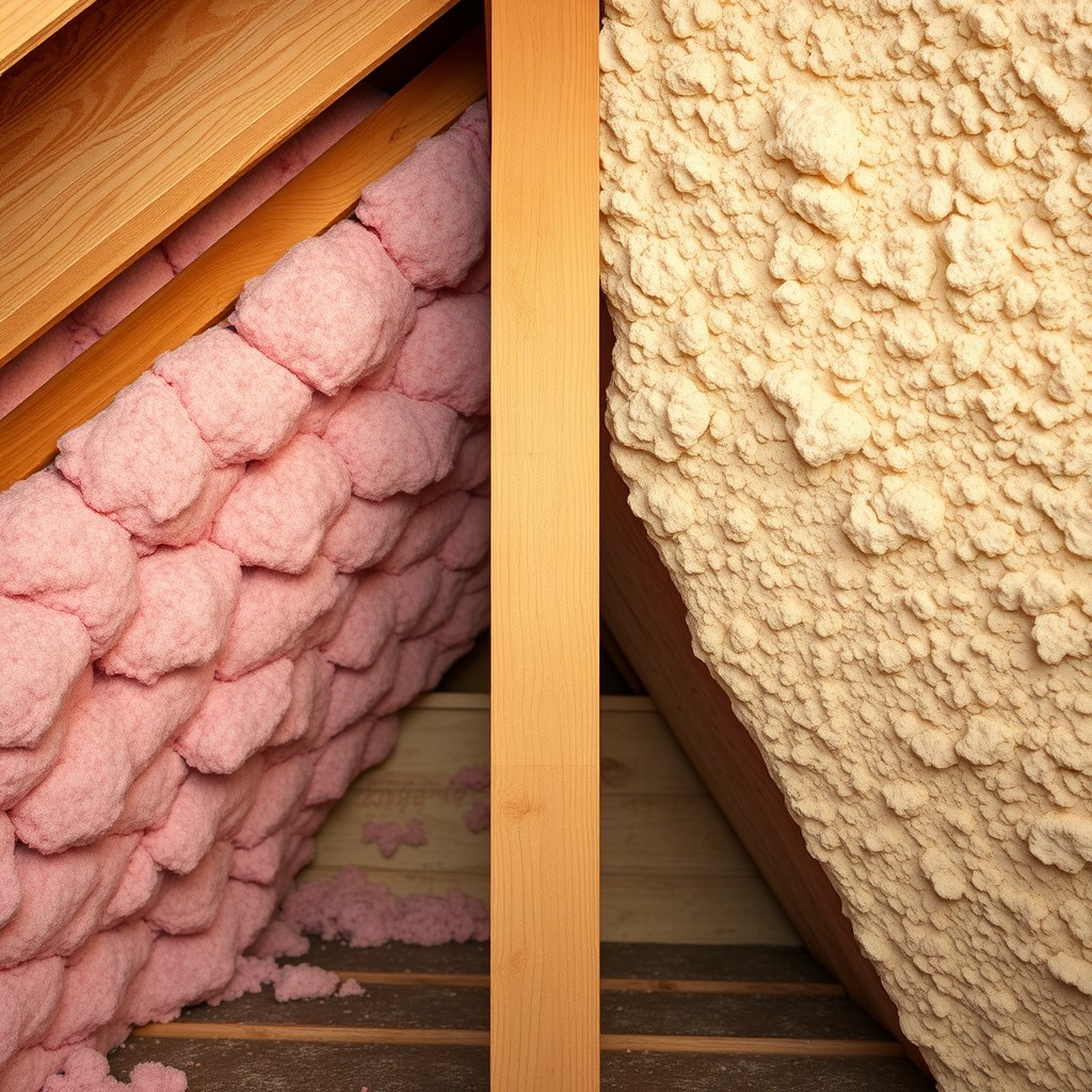 Side-by-side attic comparison of pink fiberglass batt insulation and cream closed-cell spray foam insulation separated by a wooden rafter