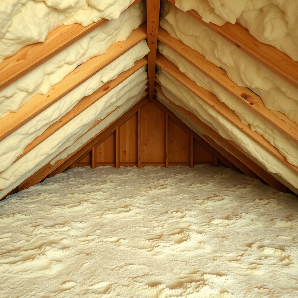 Closed-cell spray foam insulation sprayed onto the underside of an attic roof deck between wooden rafters, sealing every seam and gap