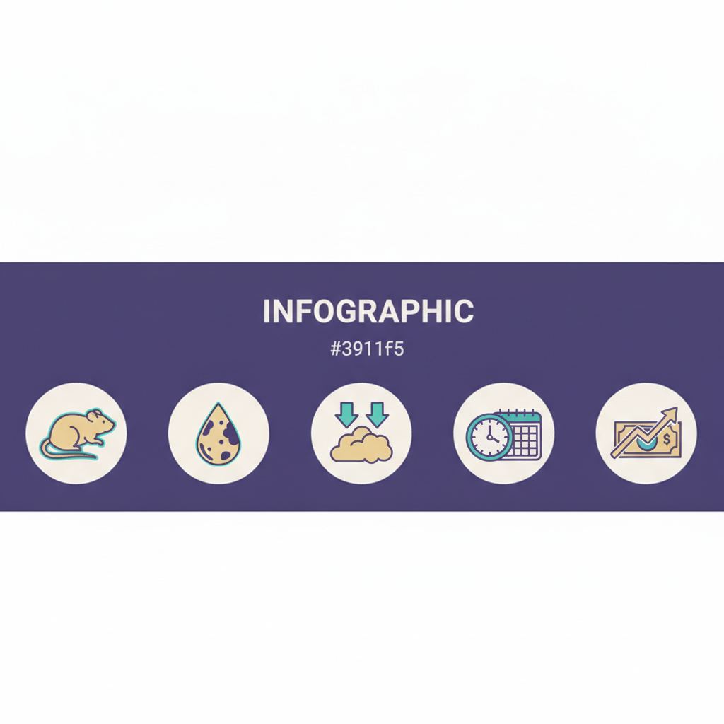 Icon grid illustrating five warning signs of failing insulation: pests, moisture, compression, age, and rising energy bills