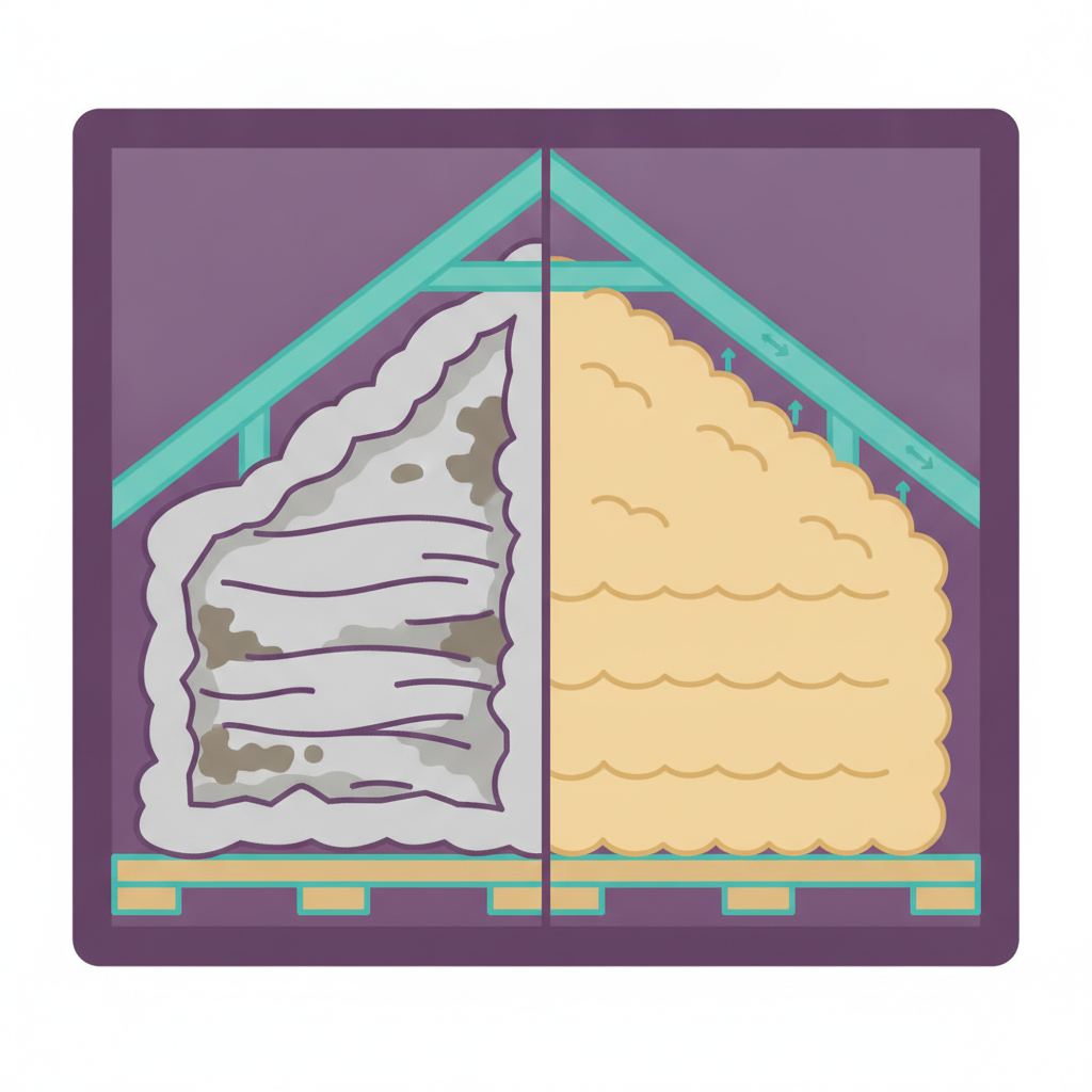 Diagram comparing degraded old attic insulation with gaps and stains against healthy properly-installed insulation